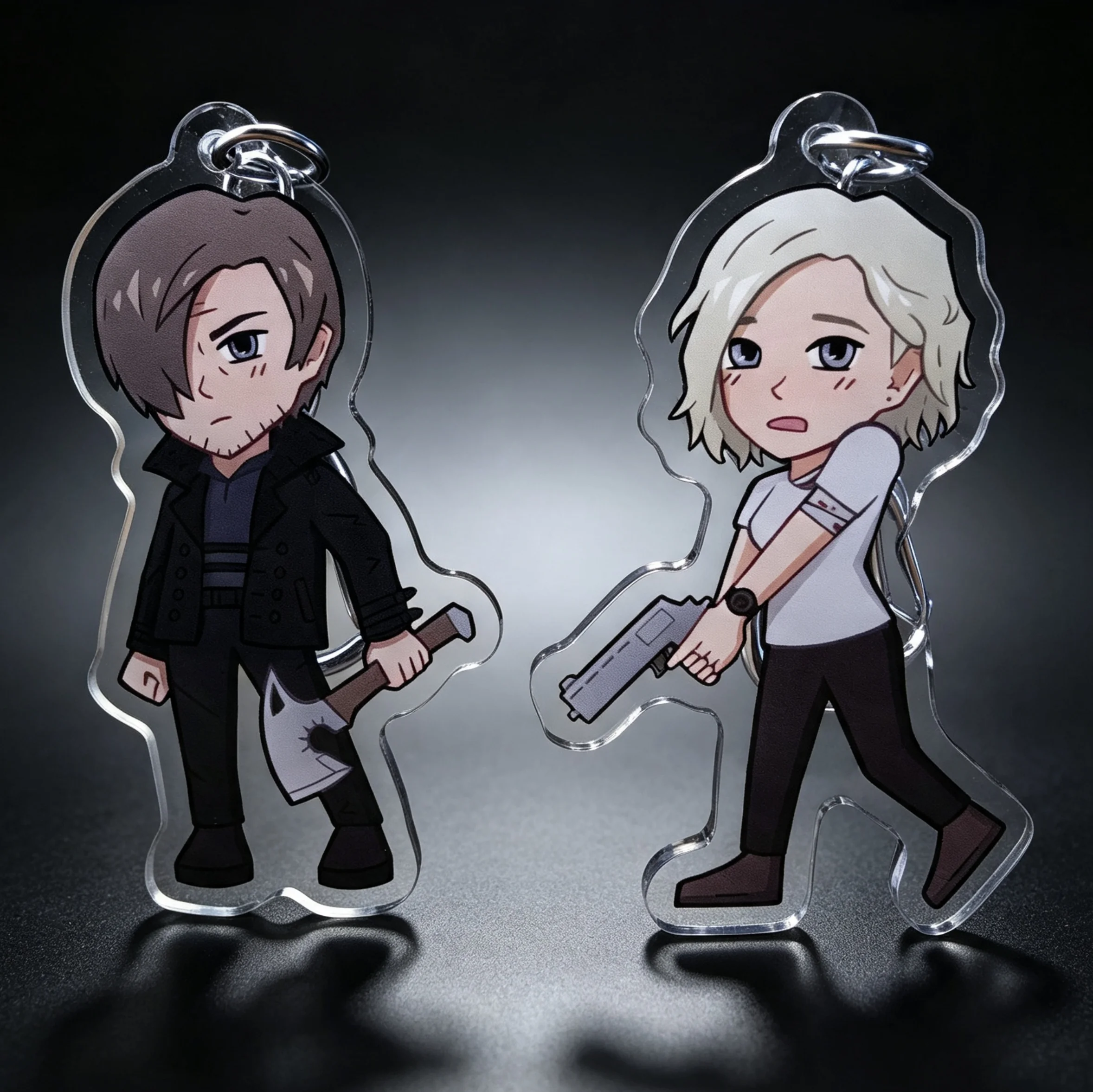 Chibi Video Game Acrylic Keychains, Leon Grace Bag Charm Pendant, Fan‑made Horror Game Key Ring Collectible Gift for Fans