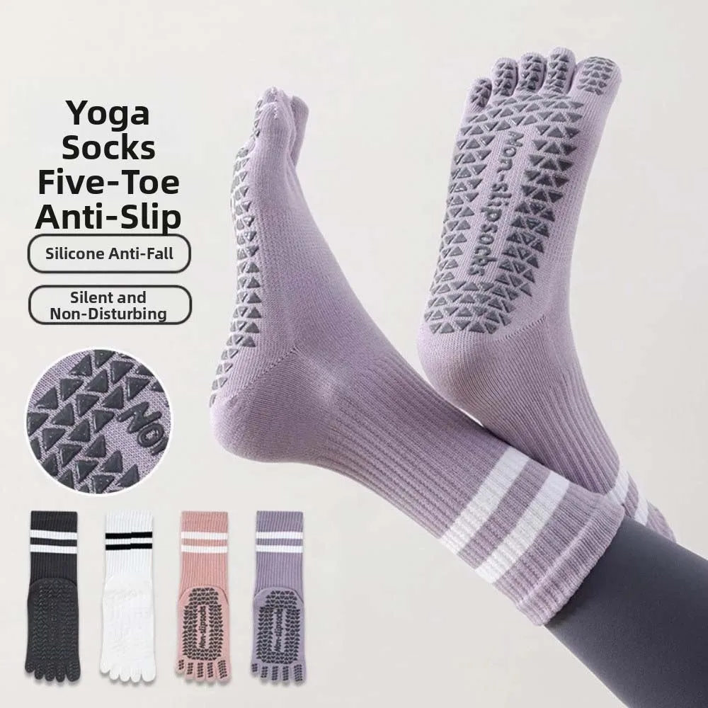 Anti-slip Women's Non-slip Yoga Socks Silicone Five Finger Five-toe Socks Long Mid-calf Breathable Floor Toe Socks