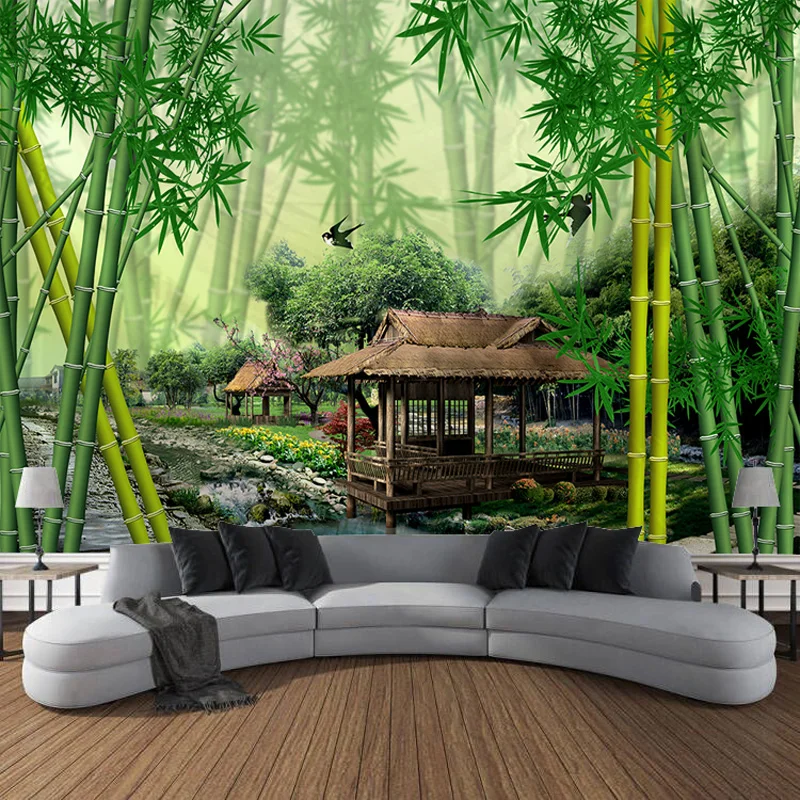 Art Curtain Hanging Cloth Home Bedroom Living Room Decoration Green Bamboo House Bridge Landscape Wall Tapestry