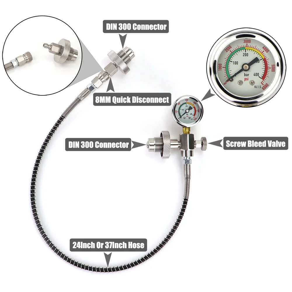 Diving DIN300 Cylinder Decanting / Equalising Pressure With Quick Disconnect Hose+Gauge - 232Bar and 300Bar