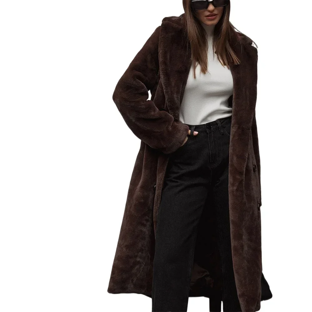 2024 Winter Vrouwen Faux Bontjas Elegante Lange Dubbele Rij Knopen Bontjas Vintage Verdikte Warme Baggy Parka 'S Met Riem Harige Overjas