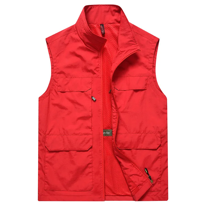 

2023 New Vest Men's Casual Standing Collar Multi Pocket Tank Top Solid Color Quick Drying Large Coat Men's Vest