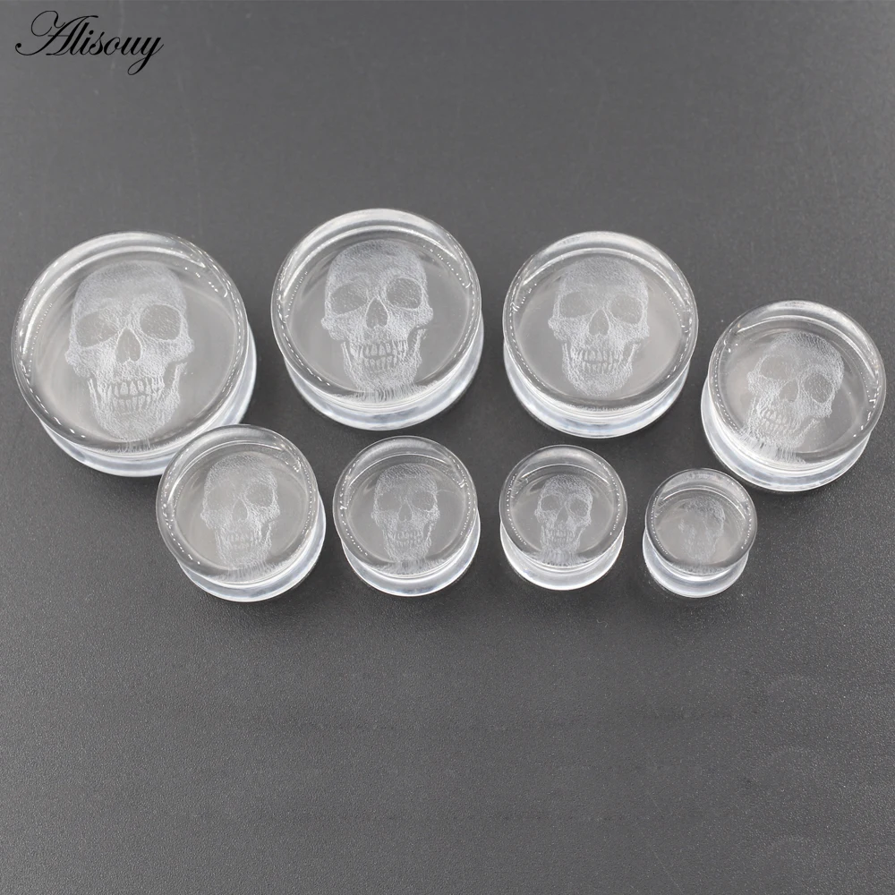 Alisouy 2PCS Neue Transparente Glas Schädel Ausgestelltes Ohr Tunnel Plugs Flesh Stretcher Expander Messgeräte Ohrringe Piercing Körper Schmuck – Detail 8