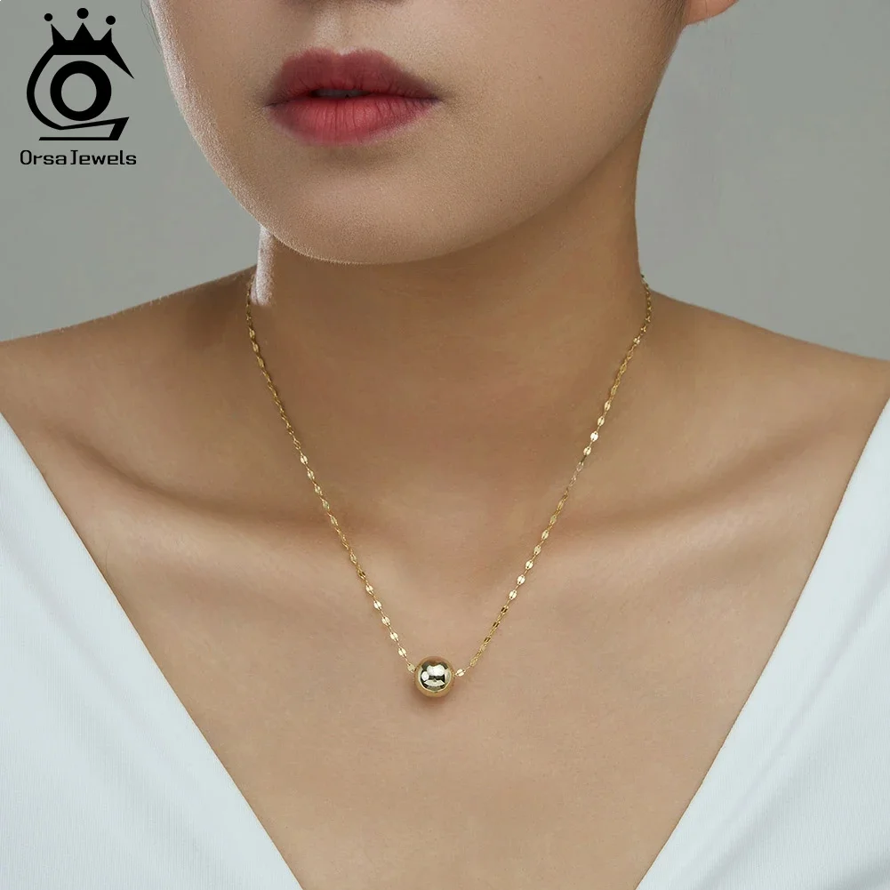 

ORSA JEWELS Genuine 925 Sterling Silver Simple Ball Pendant Necklace Round Ball Necklace for Women Clavicle Chain Jewelry APN55