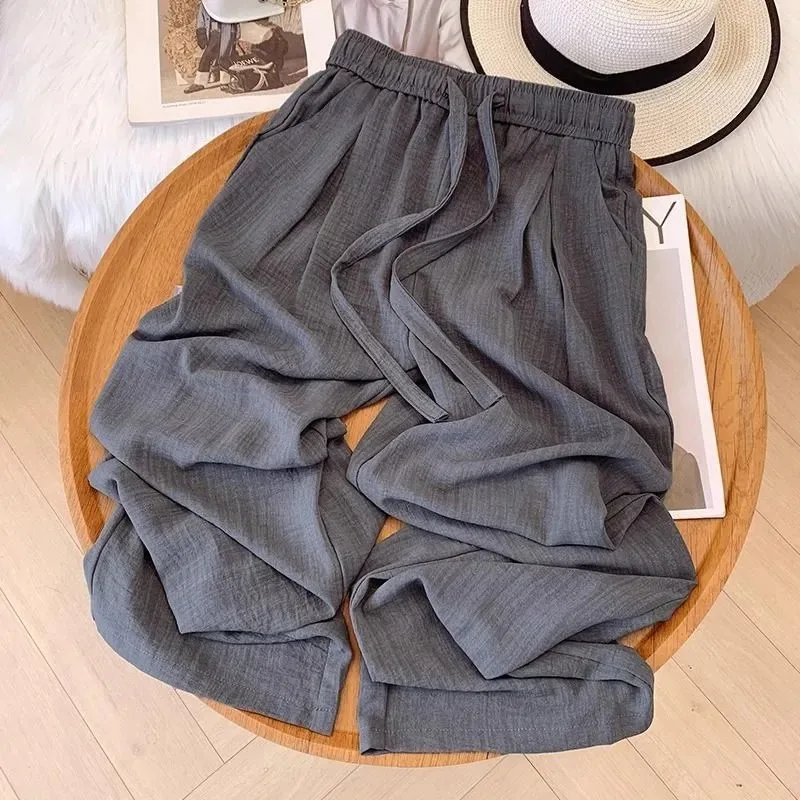 

Women's Gray Ice Silk Wide Leg Pants Elastic Waist Loose Casual Straight Trousers