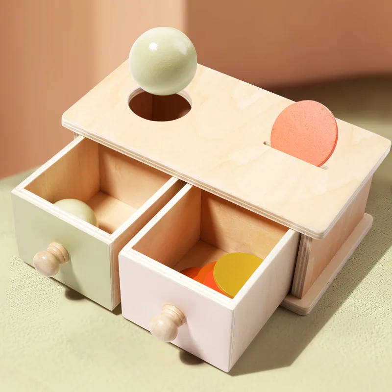 Wooden Puzzles Toys 2 in 1 Coin Ball Box House Set Game Object Permanence Box Hammer Box Macaron Toys Coin Ball  Drum Drawer Box