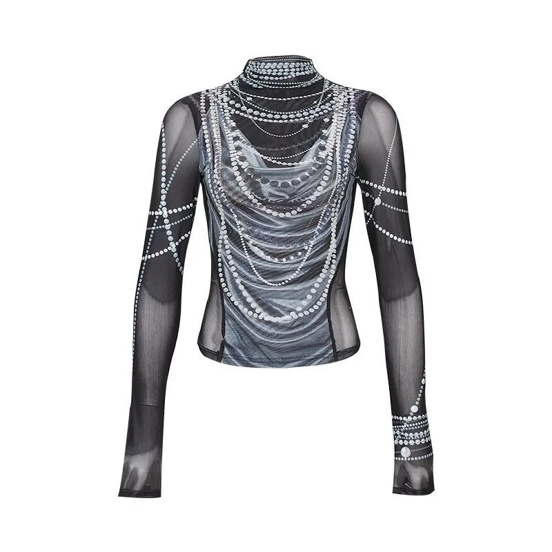 

Tops Women's Spring Fall Designer Mesh Pearl Printed Slim-fit Slimming Sexy Undershirt T-shirt New Comfortable Minimalist Casual