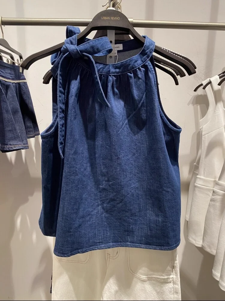 Temperament Lace Up Bow Denim Vest 2026 New Summer Blue Round Neck Off Shoulder Top Women Versatile Solid Color Tank Tee