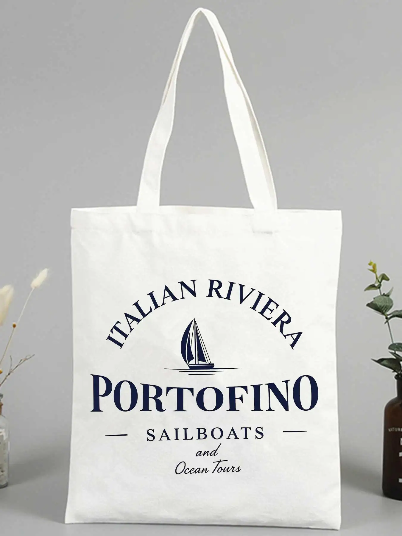 Women's sailboat and typography print canvas tote bag, casual style for daily shopping and summer outings