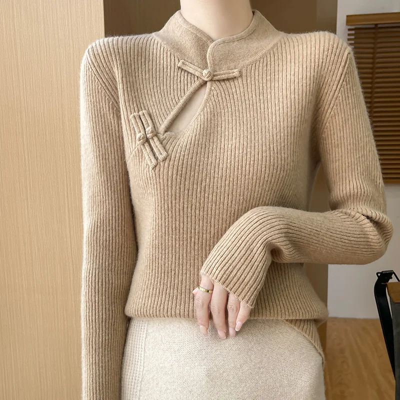 

100% merino wool women's knitted sweater, half turtleneck, buttons, pullover, Chinese style, 2024 autumn and winter new style