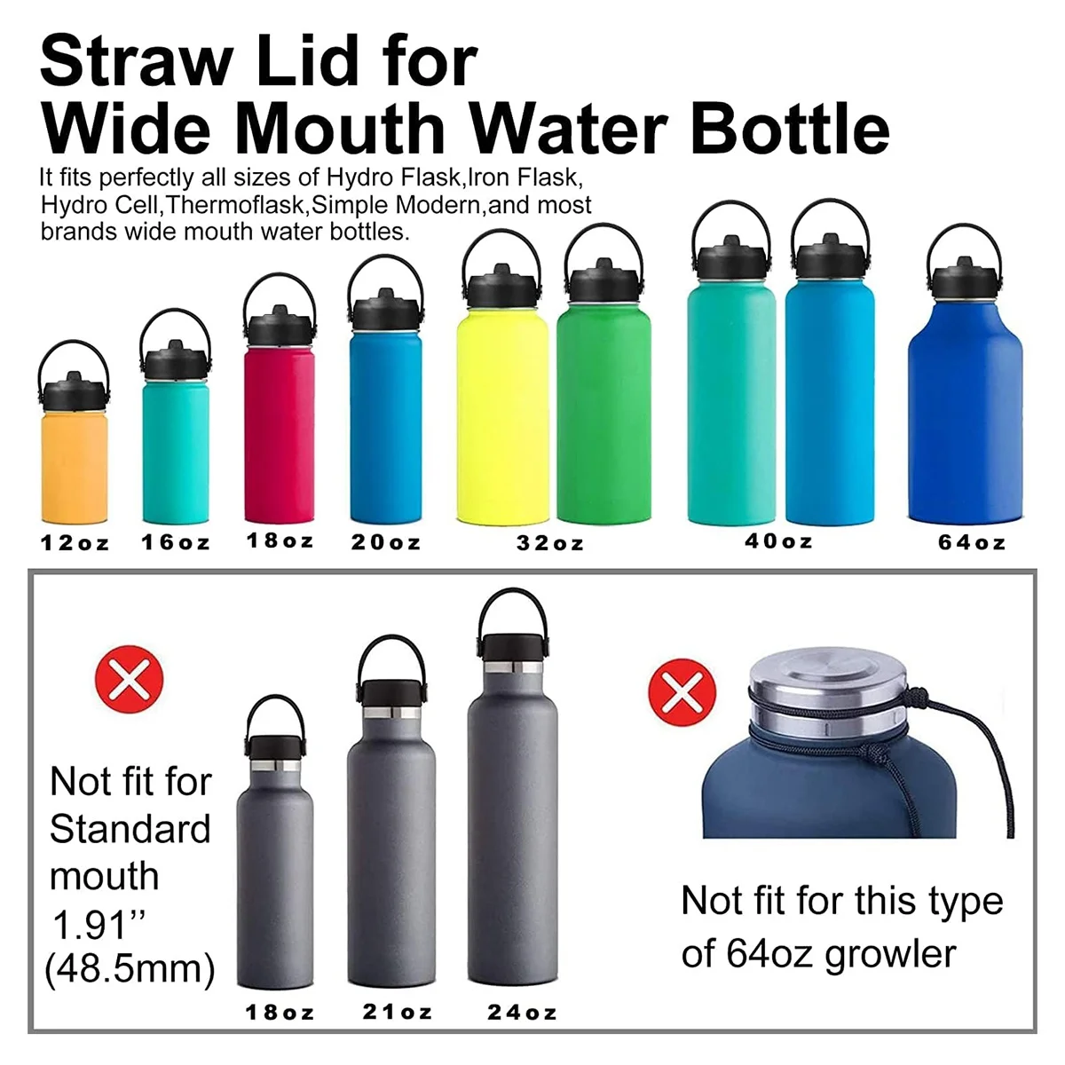 2 Pack Straw Lid for Hydro Flask Wide Mouth 12Oz 18Oz 32Oz 40Oz 64Oz