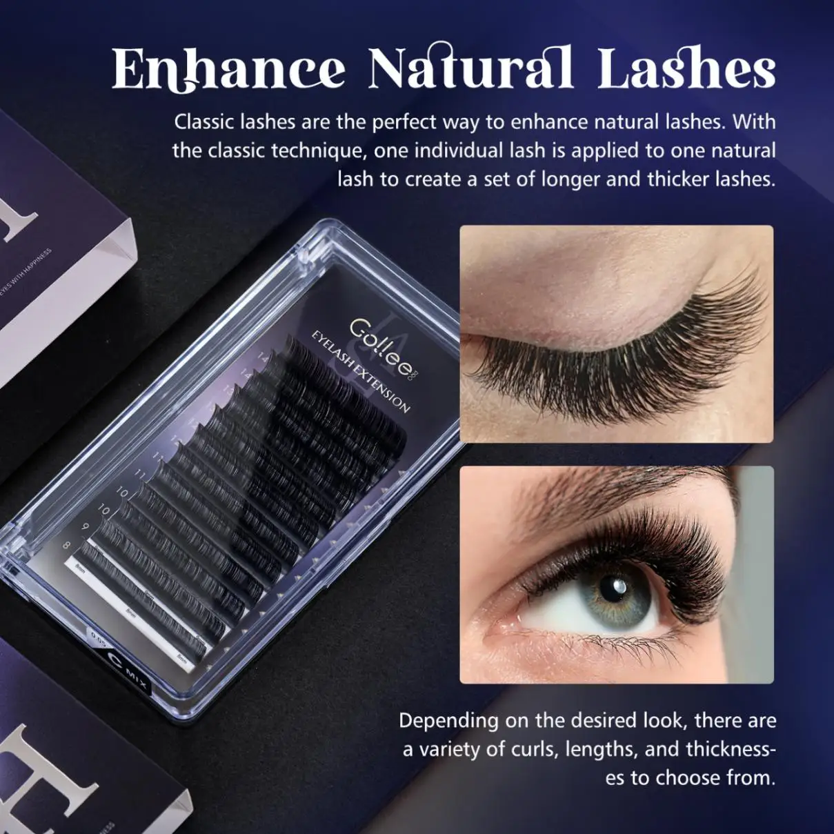 Gollee 12 linhas pessoais cílios postiços premium volume de seda clássico lash extensão cílios natural macio fosco escuro cílios