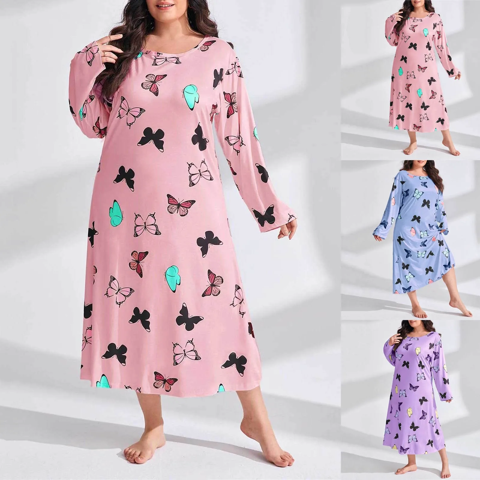 Soft Pajama Casual Set Women Long Sleeve Print Shoulder Drop Oversize Casual Long Sleepwear Dress Koszule Nocne