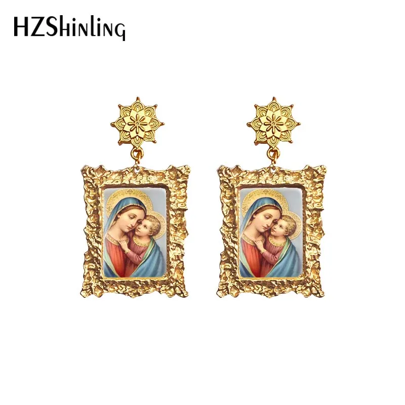 Antique Dangle Earrings Mother of God Virgin Mary Retro Paintings Glass Cabochon Mandala Pendants Jewelry for Women