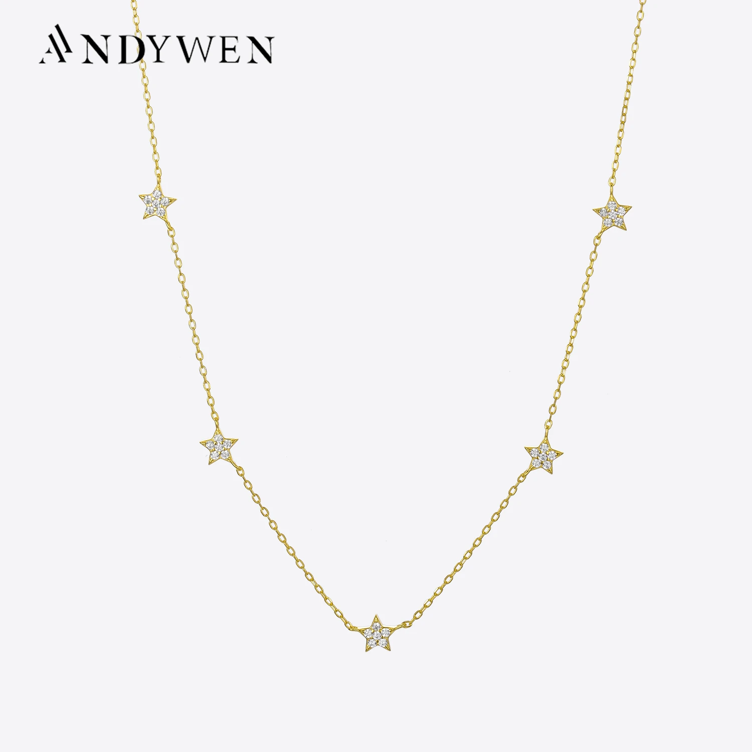 ANDYWEN 925 Sterling Silver Gold Starry Sky Spakle Star Linked CZ Zircon Choker Naszyjnik Długie łańcuchy Biżuteria ślubna dla kobiet Prezent