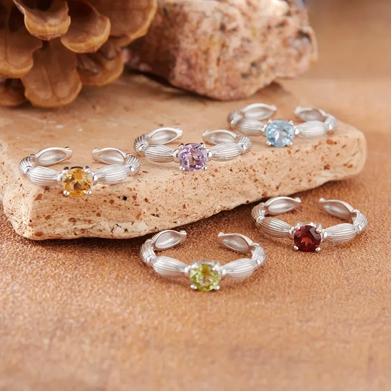 Natural gemstone topaz garnet olivine colored treasure ring women's s925 sterling silver lotus root section index finger ring