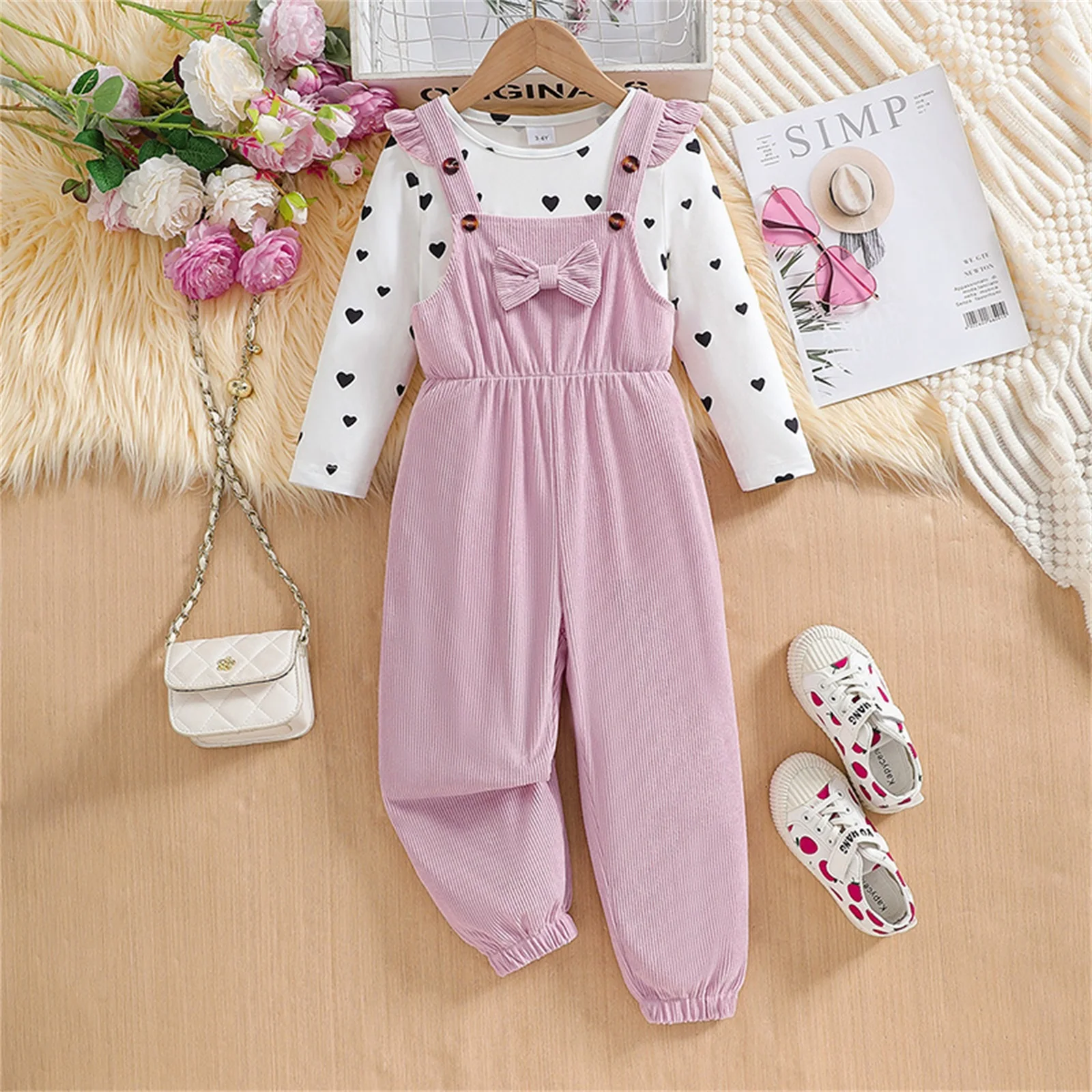 

3-8Y Fashion Kids Girls 2piece Outfit Long Sleeve Heart Print T-shirt with Bowknot Corduroy Overalls Fall Children's Sets