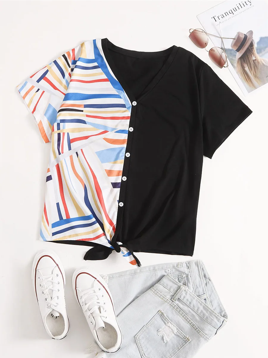 

2024 Spring and Summer Plus Size T-shirt Casual All-match V-neck Short Color Block Short Sleeve Knot Tie-up Printed Top