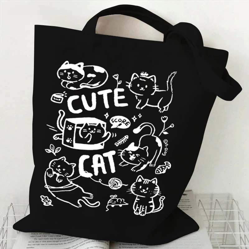 Moda lona sacola copo de gato preto impressão grande capacidade adolescente ombro saco de compras dos desenhos animados moda gatinho bolsas femininas