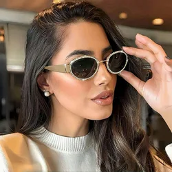 Drill sunglasses female senior feeling INS oval-framed metal glasses fashion European and n Y2K sunglasses
