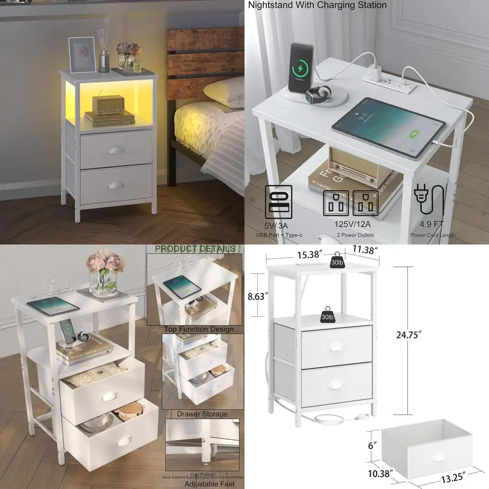 

2-Piece White LED Nightstand Set with Charging & Fabric Drawers for Bedroom Storage