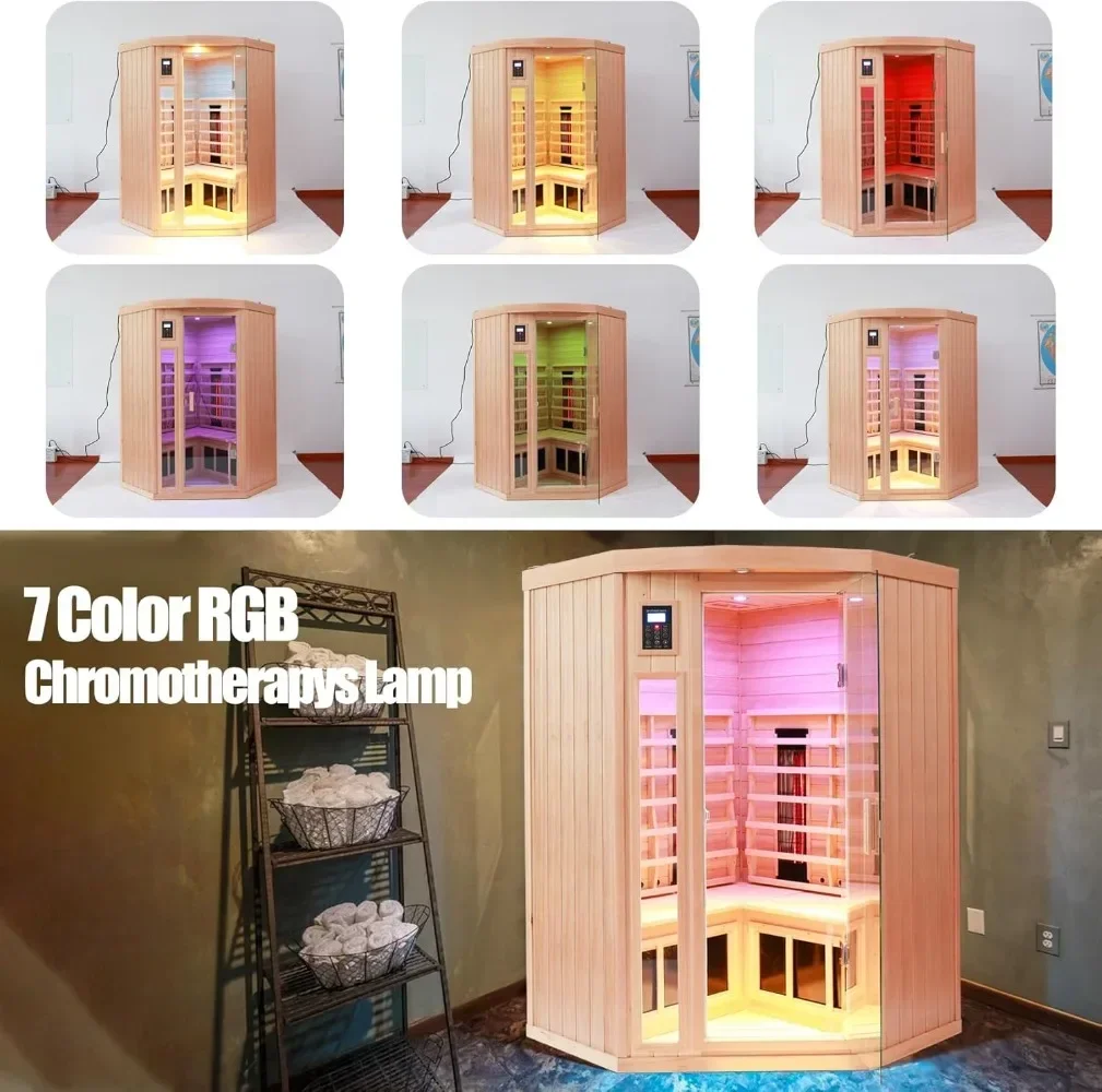 Ceramic Infrared Sauna 2-3 Person Far Infrared Saunas for Home Low EMF Indoor Home Sauna Hemlock Wooden Corner Sauna