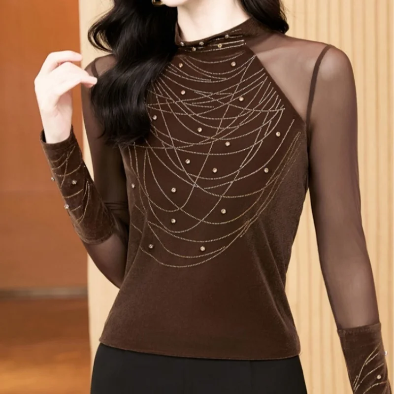 Spring Women Elegant Stand Collar Velvet Patchwork Tops Luxury Fashion Diamond Temperament Bottoming T-shirt Ladies Blouse