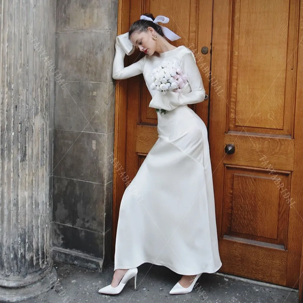 Customized Soft Satin Backless Wedding Dress High Side Split Ankle Length Bridal Party Dress Long Sleeve Chic Bridal Gown