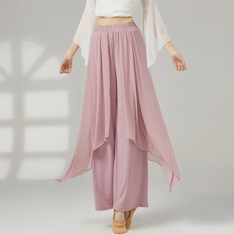 Fashionable Solid Color Wide Leg Modern Dance Women Pants Double-layer Chinese Ethnic Dance Pants Soft Mesh Belly Dance Clothing