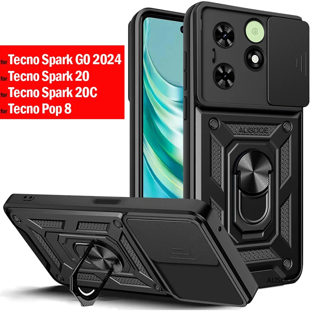 Capa for Tecno Spark GO 2024 Case Slide Camera Protect Ring Stand Cover for Tecno Spark 20 20C Pop 8 Shockproof Funda