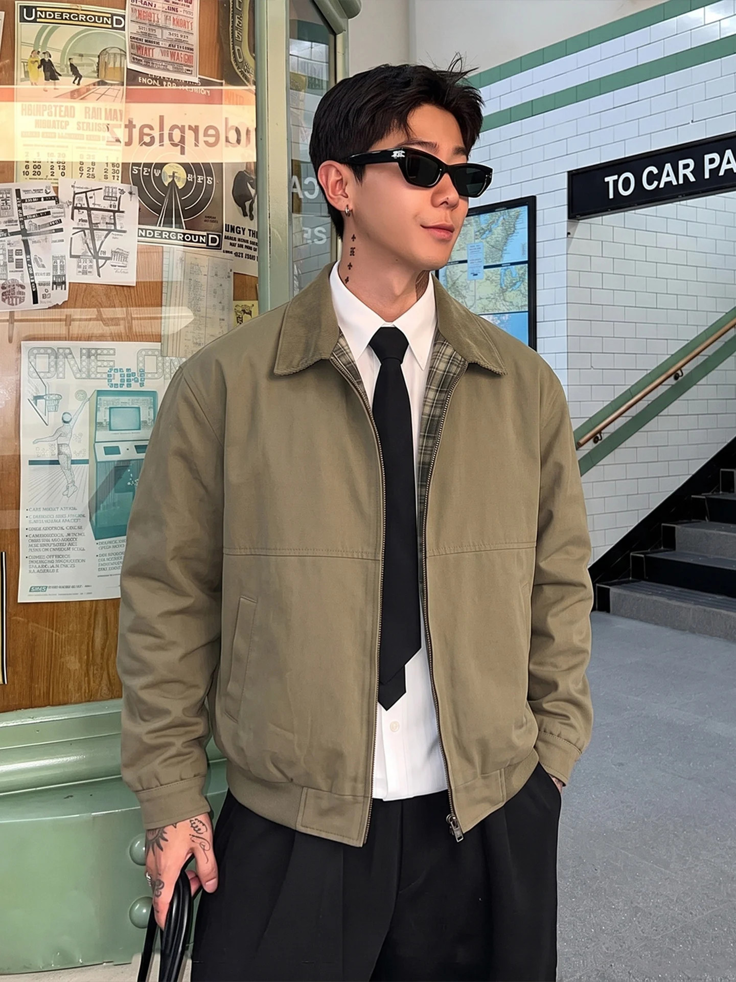 Cleanfit Plaid Collar Patchwork Canvas Short Jacket Men's Autumn Washed Denim Workwear Barn Style Top Loose Fit Regular Thick...