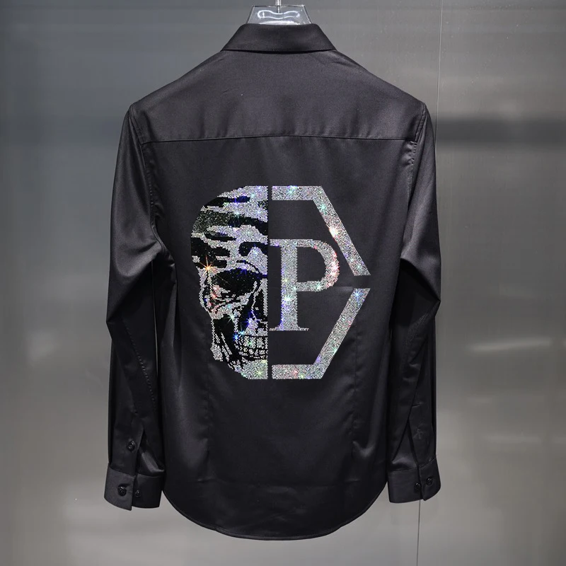 Fashion New Loose Hip-Hop Hot Style Men's Shirt Skull With Diamonds Shiny Personality Casual Bottoming High Quality Long Sleeves