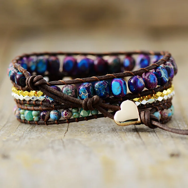 Luxury Boho Multi Layer Handwoven Emperor Stone Cute Heart Charm Beaded Light Brown Leather Cord Bracelet For Women Jewelry Gift