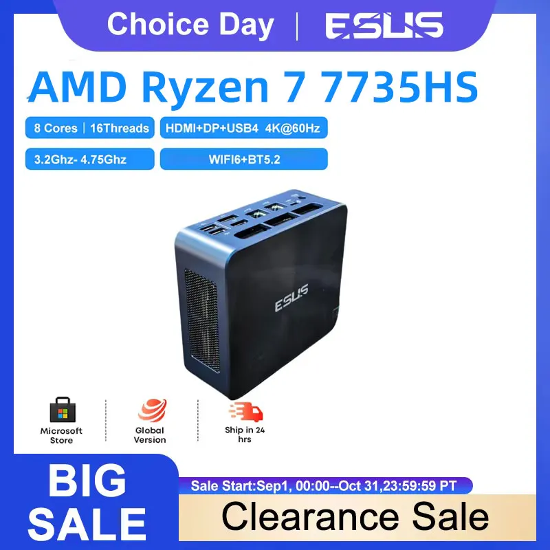 ESUS Mini PC AMD Ryzen 7735HS Mini Pocket PC DDR5 RJ45 1000M WiFi6 BT5.2 PC Gamer Desktop Gaming PC Computer Win10/11