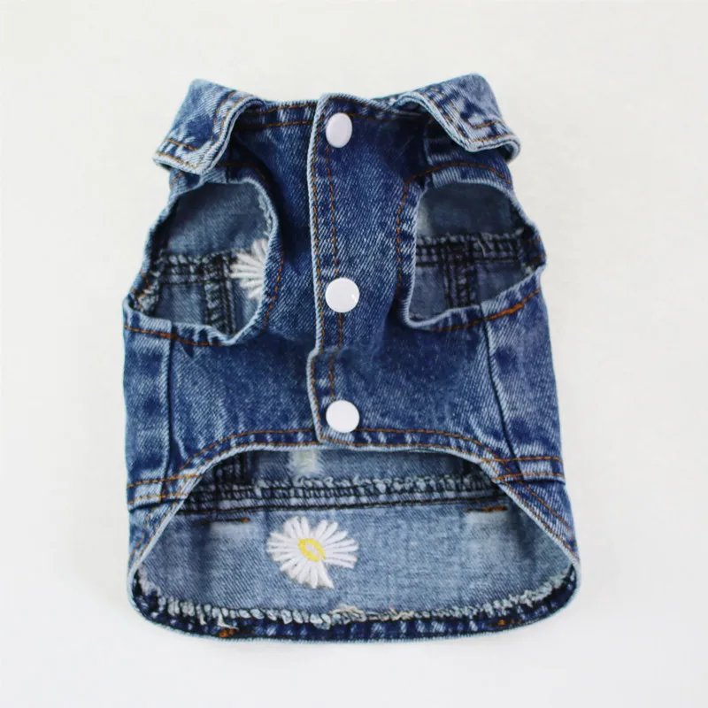 Daisy Embroidery Luxury Dog Clothes for Small Medium Dogs Vintage Washed Dog Jeans Jacket Pet Sleeveless Vest Denim Coat Outfits