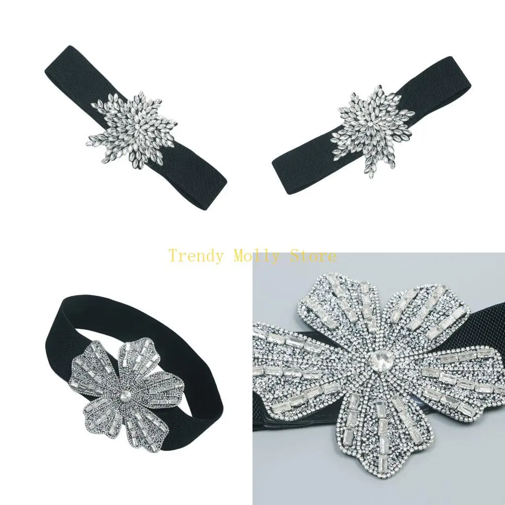 

N5KB Женский модный эластичный пояс со стразами, украшенный двойной розой