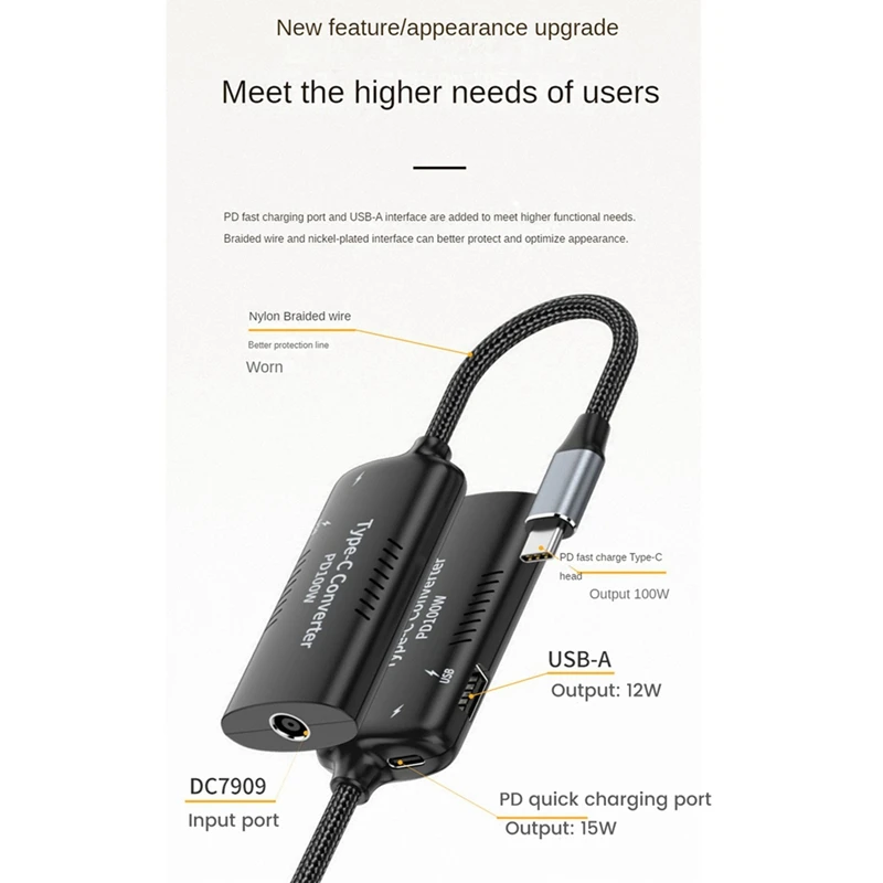 Cabo adaptador multifuncional fêmea para tipo C, suporte PD3.0 100W para adaptador de conversão DC de energia para laptop
