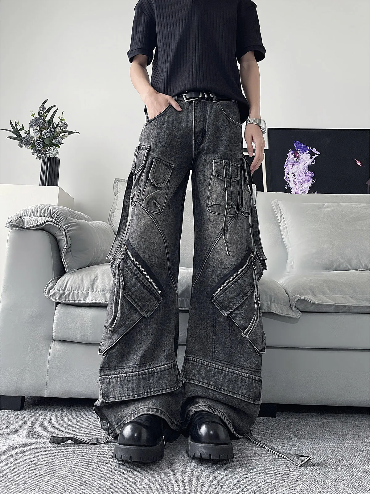 Heavy Duty Washed Multi Pocket Knife Jeans Men Loose Vintage Teenager Wide Leg Straight Long Pants Casual Summer Denim Jeans