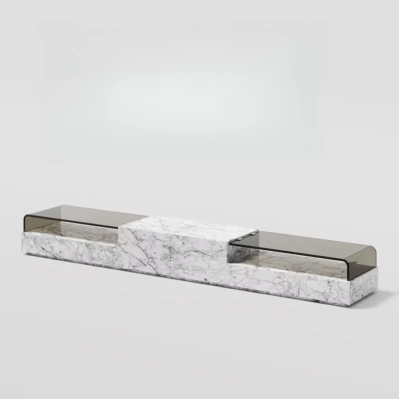 villa natural marble TV cabinet coffee table combination tempered glass luxury stone 2.2 meters floor cabinet low cabinet