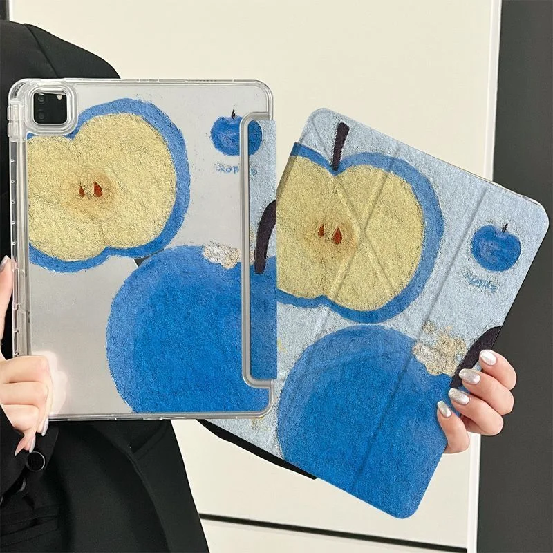 Oil Painting Blue Apple Y2K Cover For iPad Pro 13 11th M5 M4 12.9 A16 10 8 7 9th 10th For Ipad Air 11 M2 M3 Mini Tablet Case