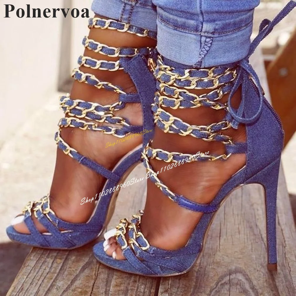 

Trending Cross Tied Blue Chain Strap Sandals Thin High Heel Shoes For Women Back Zipper Open Toe 2024 Sexy Zapatos Para Mujere