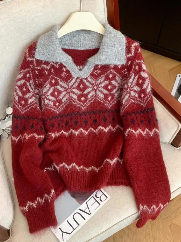 

Осень-зима, винтажный бежевый, красный лоскутный свитер с длинными рукавами, женский офисный женский короткий пуловер, вязаные топы, повседневная уличная одежда