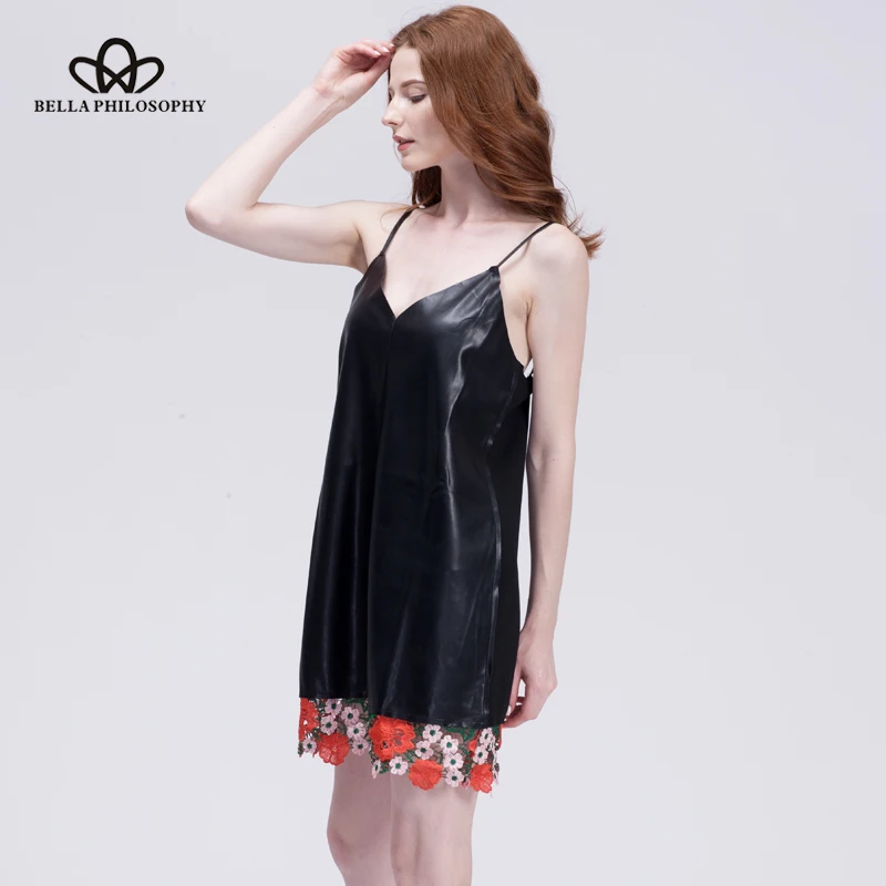 Bella Philosophy 2018 女性秋冬新作フェイクレザー PU キャミドレス刺繍花