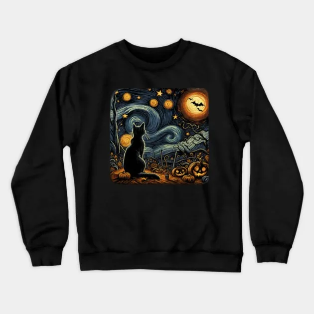 

Autumn and Winter Halloween Themed Cotton Crew Neck Sweatshirt with Van Gogh - Style Starry Night and Black Cat Pumpkin