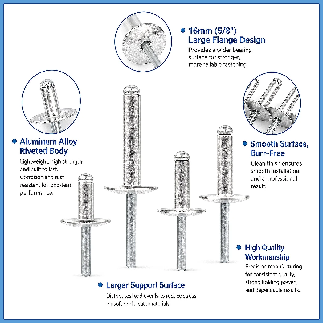 Large Flange Aluminum Blind Rivet Assortment Kit, Open End Pop Rivets for Duct Boat Home Hardware, Decorating Fastener Set