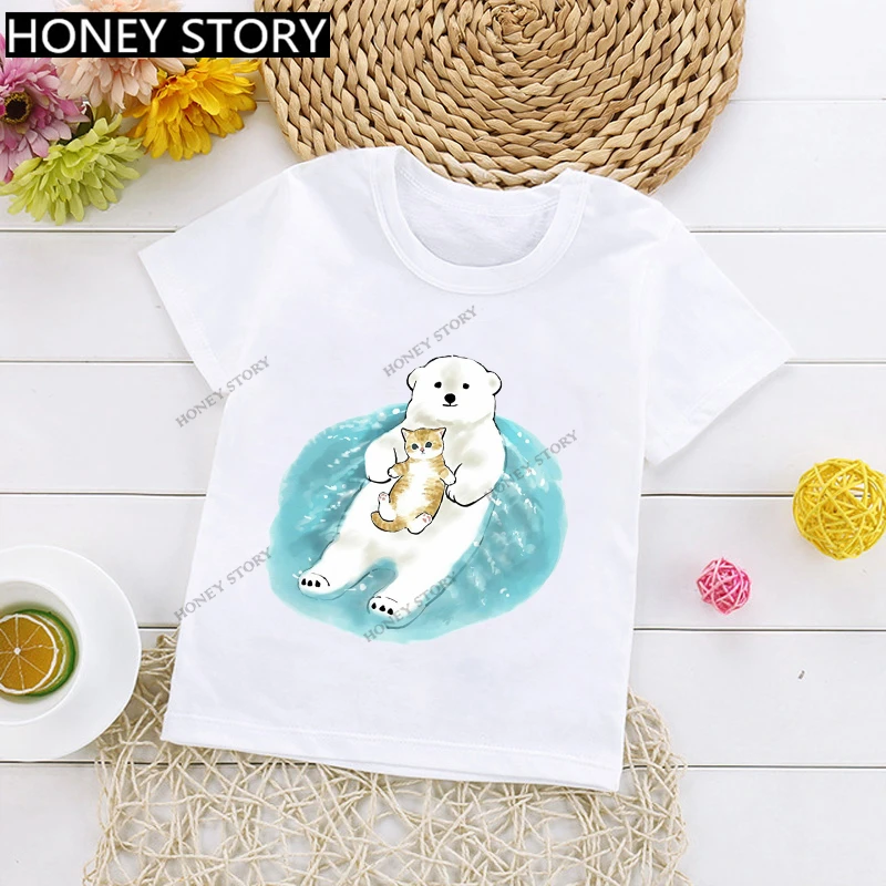 Cute Cartoon Cat Print T-shirt for Boys and Girls Clothes