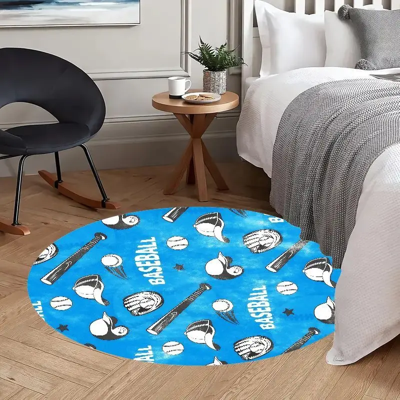 Baseball Equipment Pattern Blue Round Rug for Sports Fans Fun and Functional Floor Mat Perfect for Game Rooms