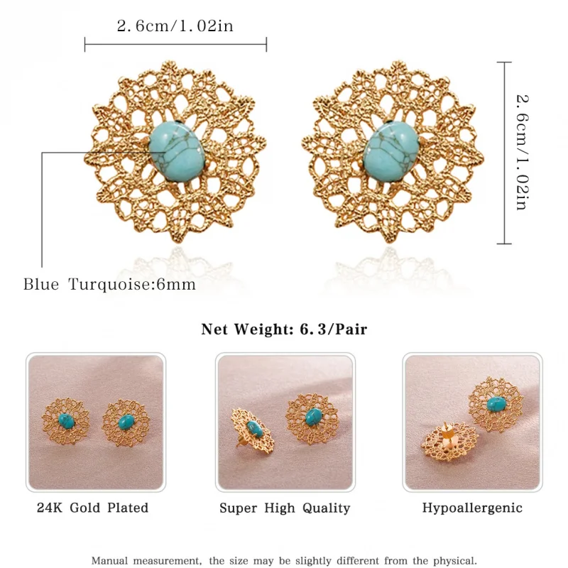 litheline Vintage Gold Plated Filigree Turquoise Stud Earrings Women, Boho Ethnic Luxury Jewelry, Daily