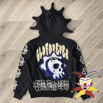 Havlu işlemeli karikatür kamuflaj Glo Gang Glory tam Zip Hoodie erkekler kadınlar kapşonlu