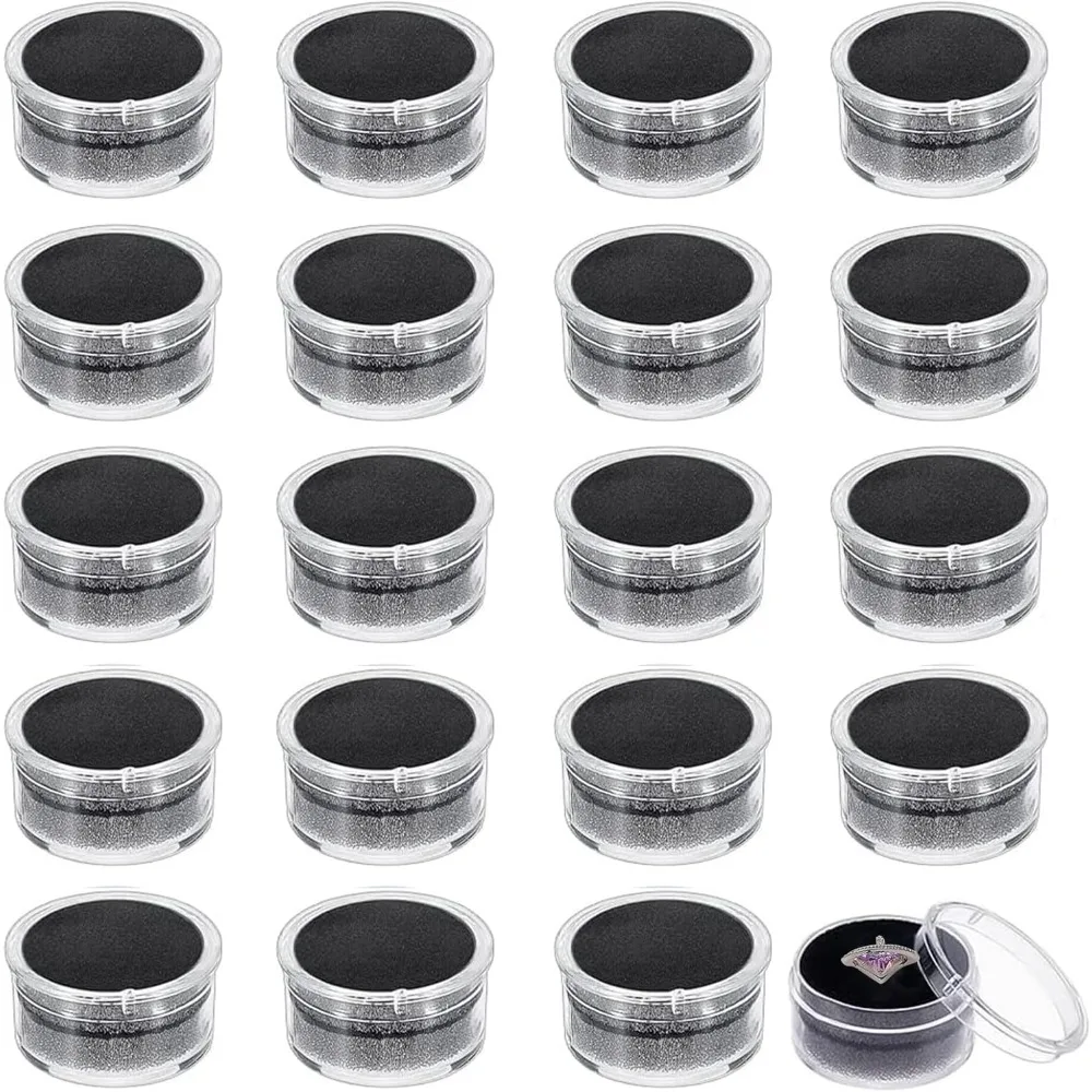 

20Pcs Black Mini Round Stone Box Plastic Nail Loose Beads Decorate Storages with Sponge Mat for Jewelry Beads Display
